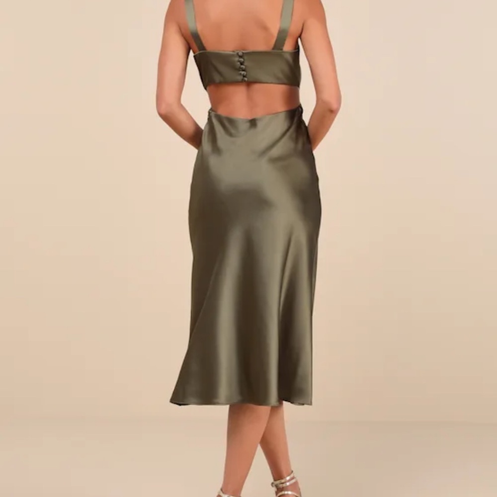 Lulus Unmatched Elegance Olive Green Satin Sleeveless Midi Cutout Dress - Size S - Picture 2 of 4